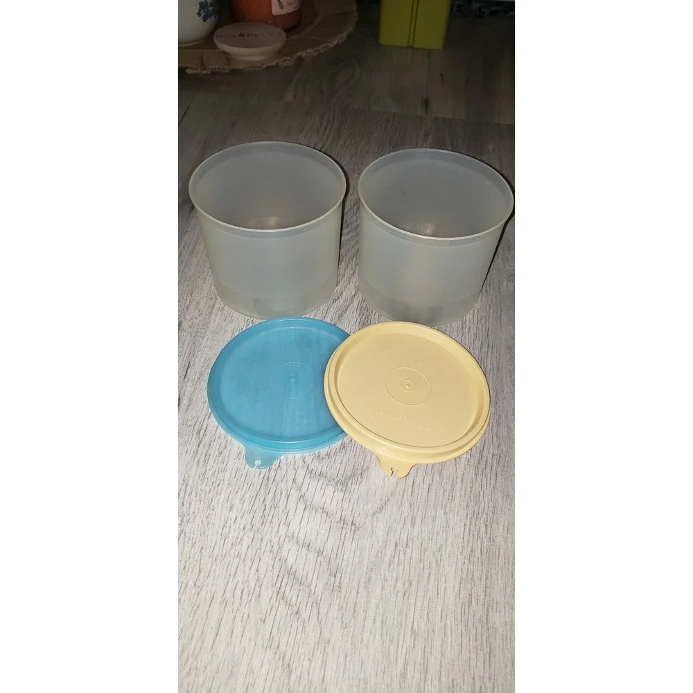 Vintage Tupperware Wonderlier Bowls Set of 2 Small Translucent Blue Yellow Lids